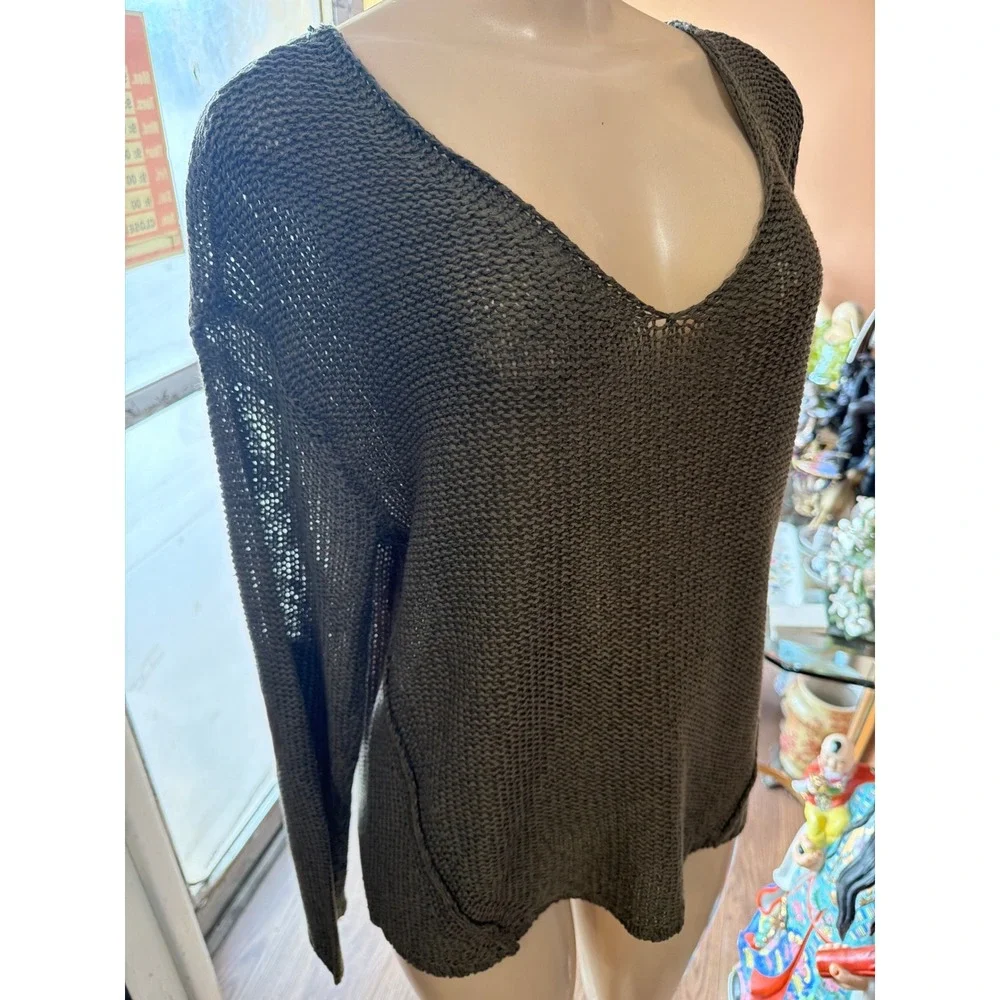 Olive Green Deep V-Neck Loose Knit Sweater‎ with Quilted Elbow Patches Pullover